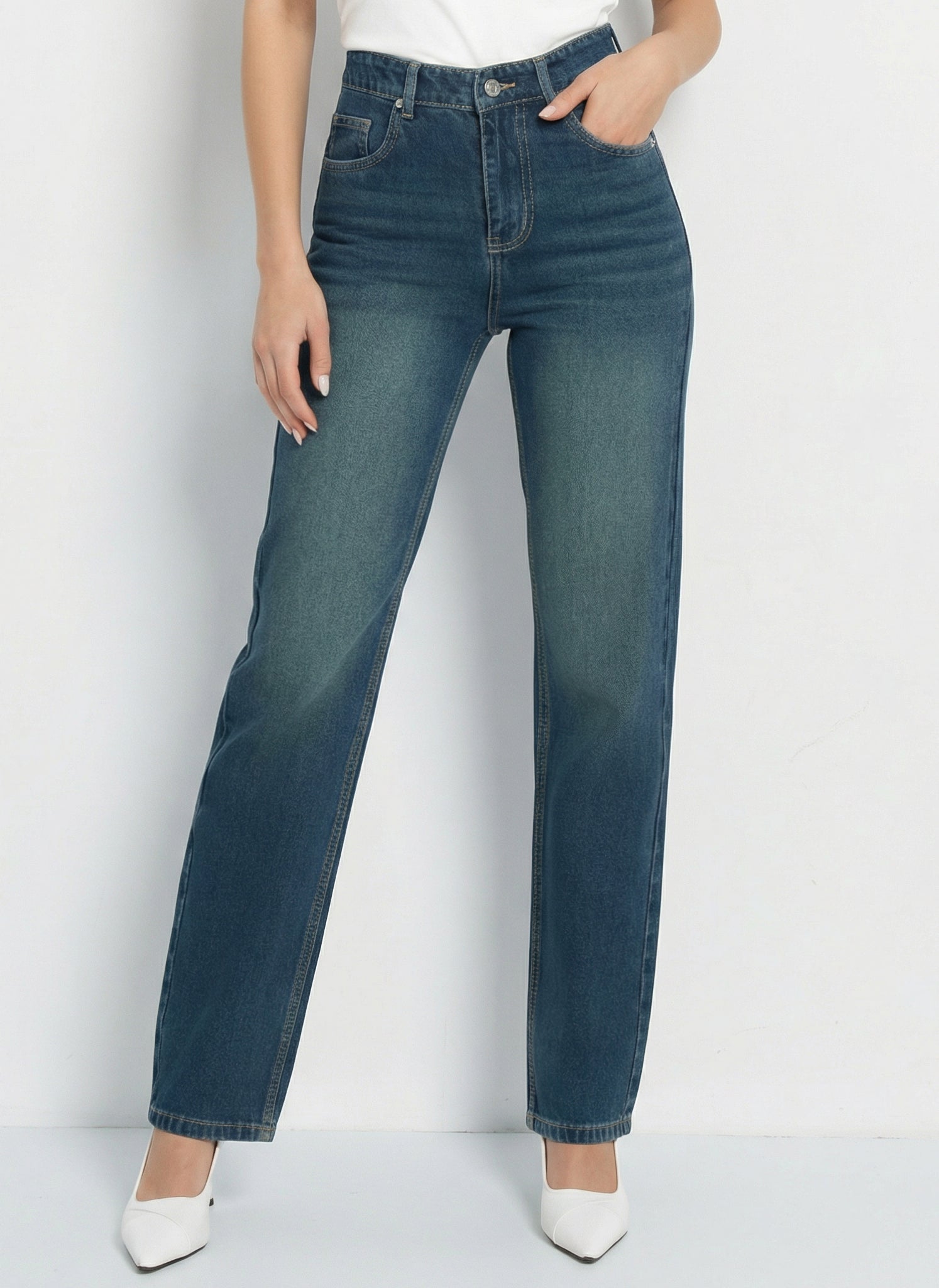 Wash Out Indigo Blue Tailored Straight Leg Jeans For Women