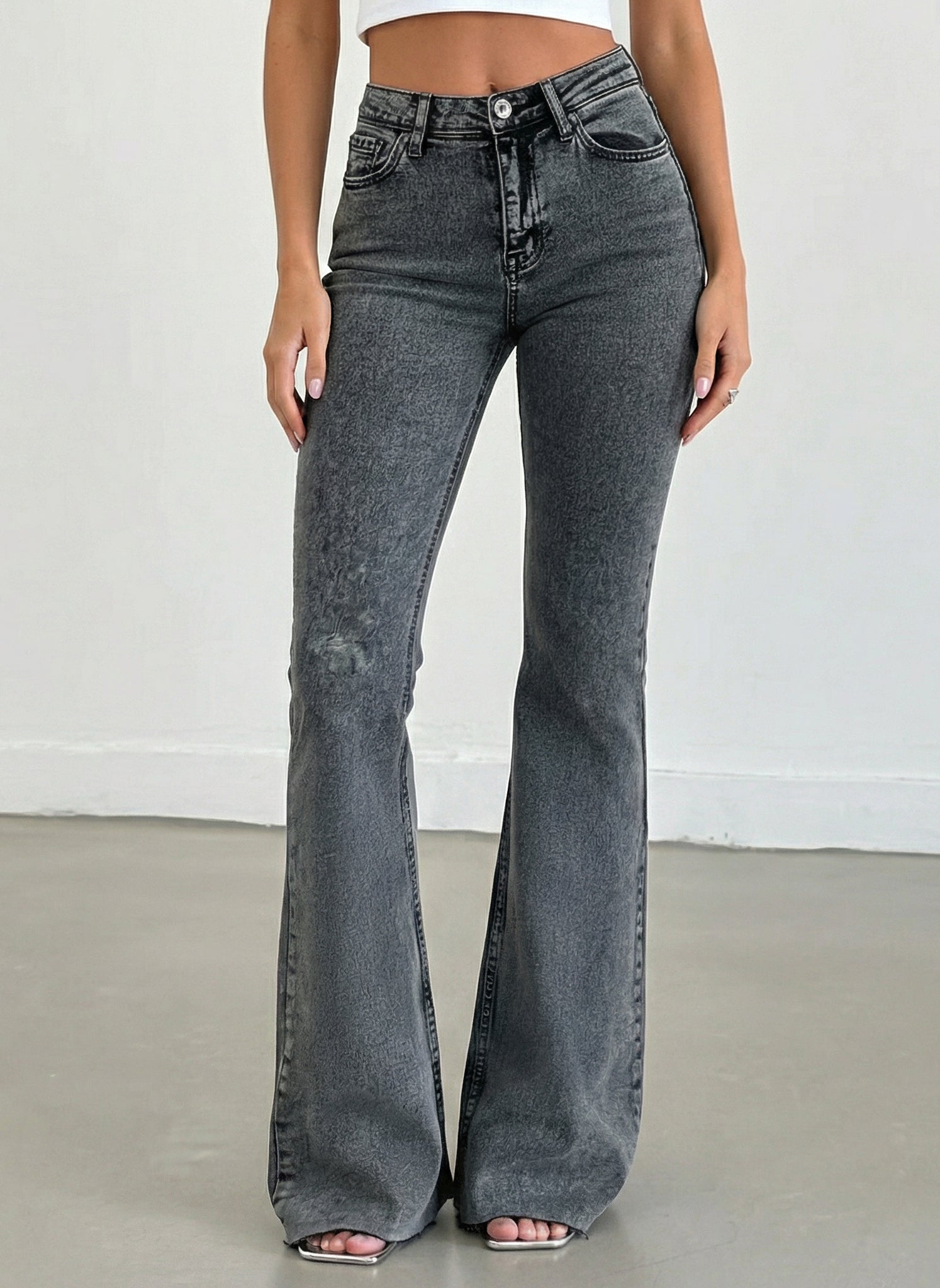 Neutral Grey Elevated Bootleg High Rise Jeans For Women