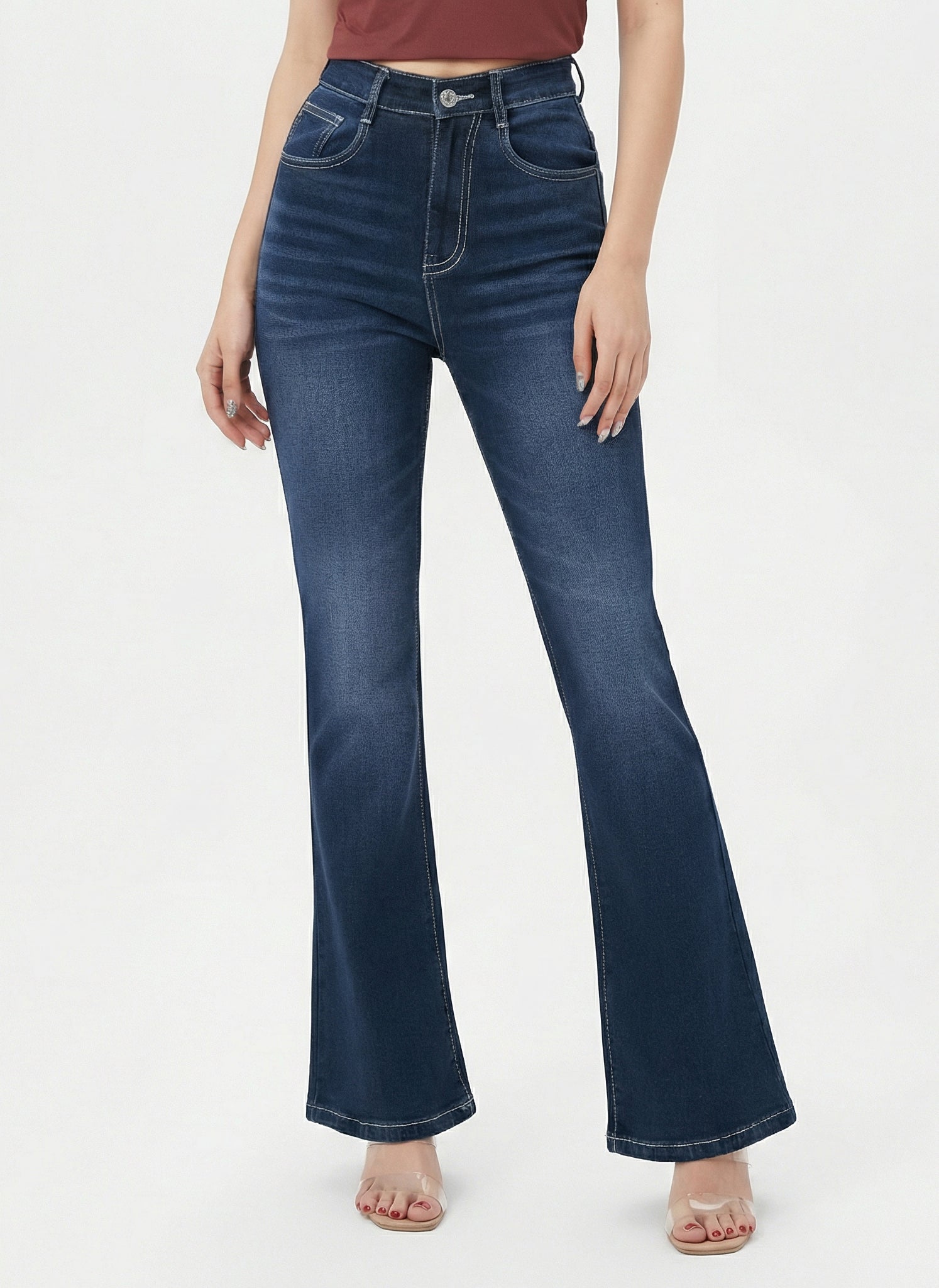 Deep Blue Flare Bootleg High Rise Jeans For Women