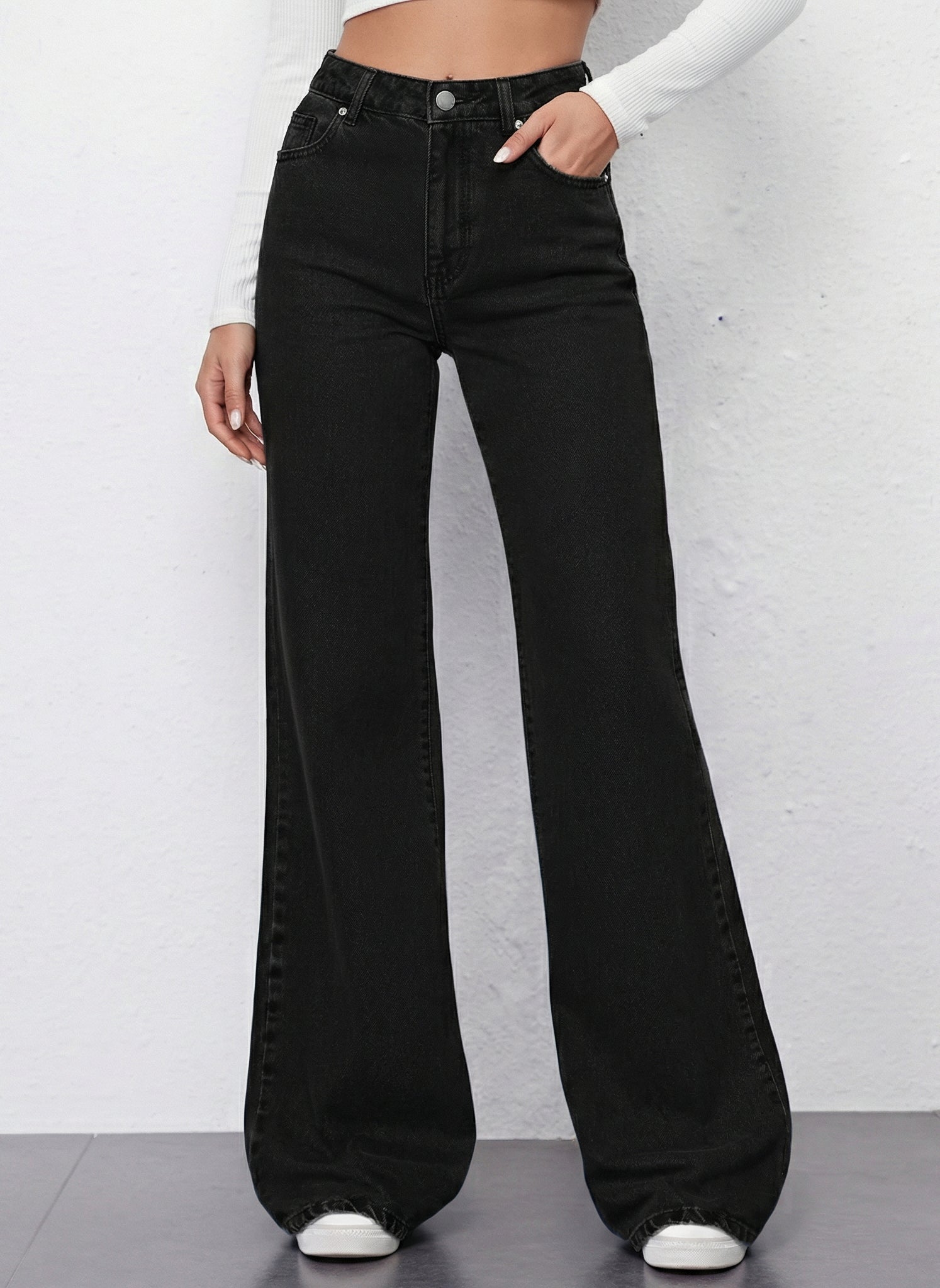 Black Plazzo Fall Wide Leg High Rise Jeans For Women
