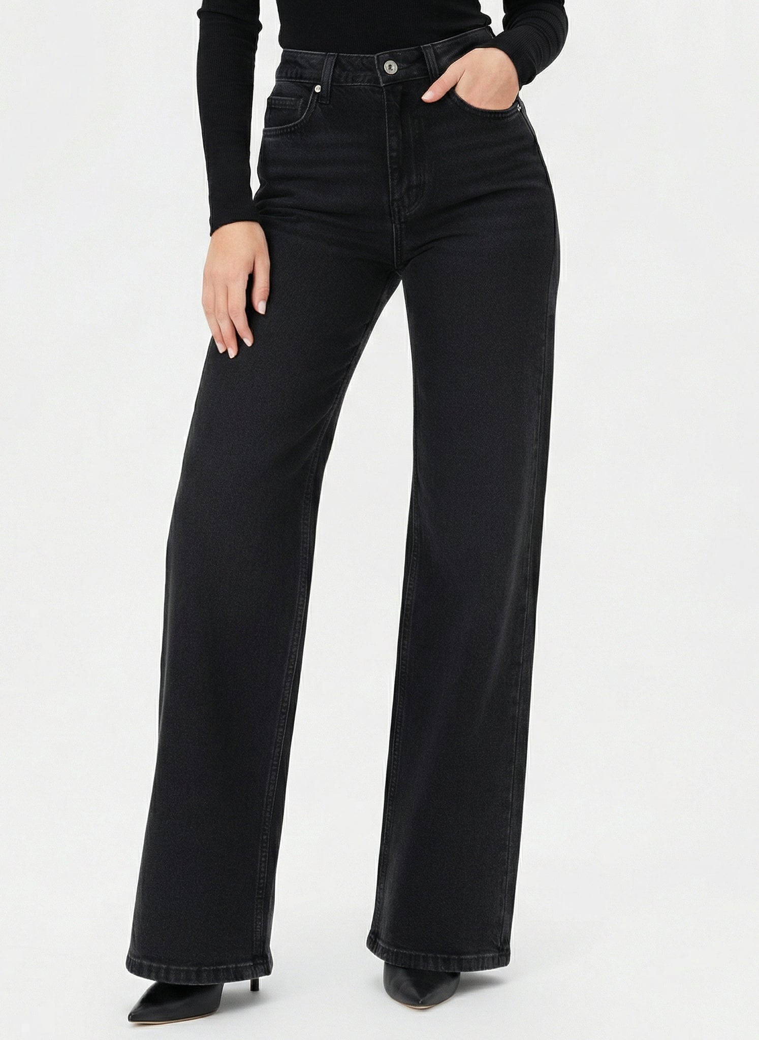 Black Onyx Stone-Washed High-Rise Wide Leg Jeans Pants For Women