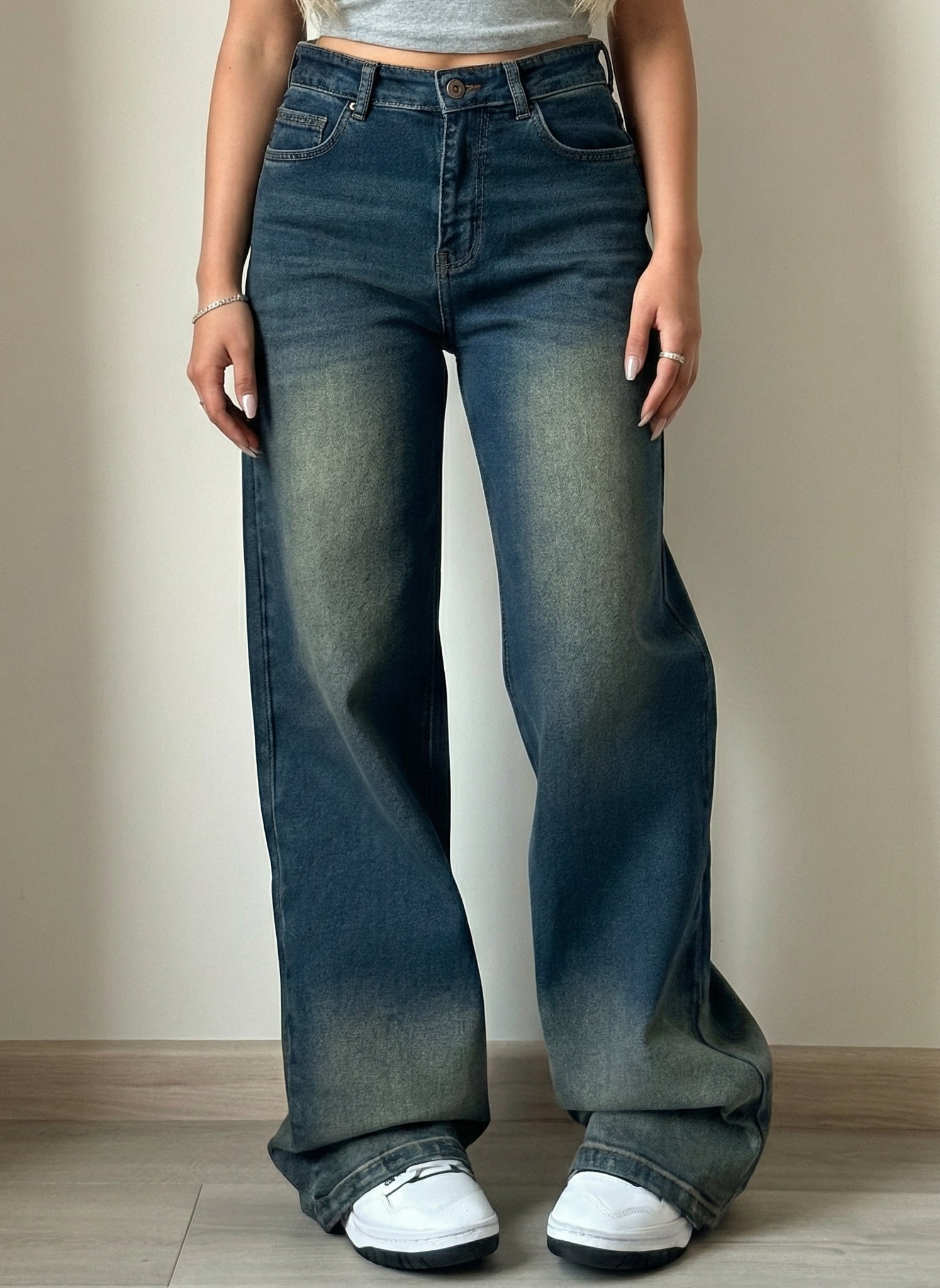 Sun-Burst Blue Wide Leg Jeans Pants For Women
