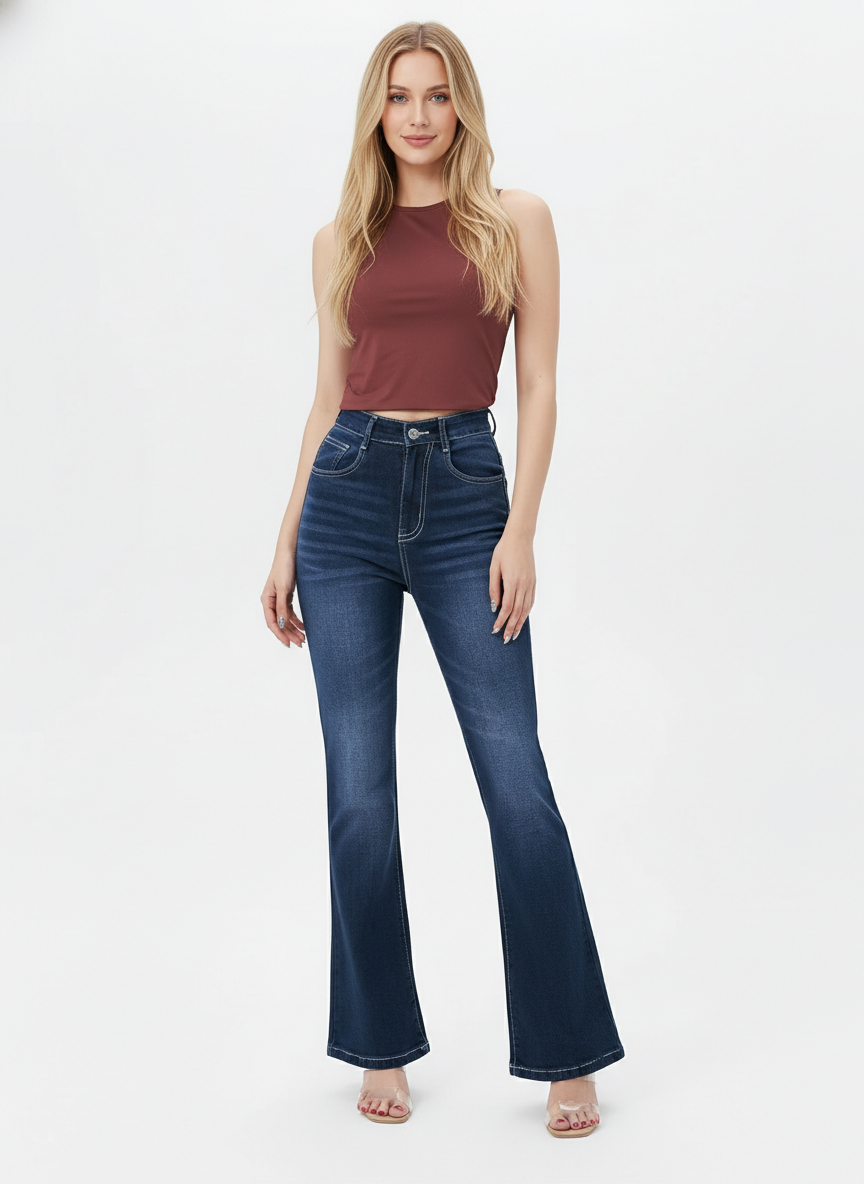 Deep Blue Flare Bootleg High Rise Jeans For Women