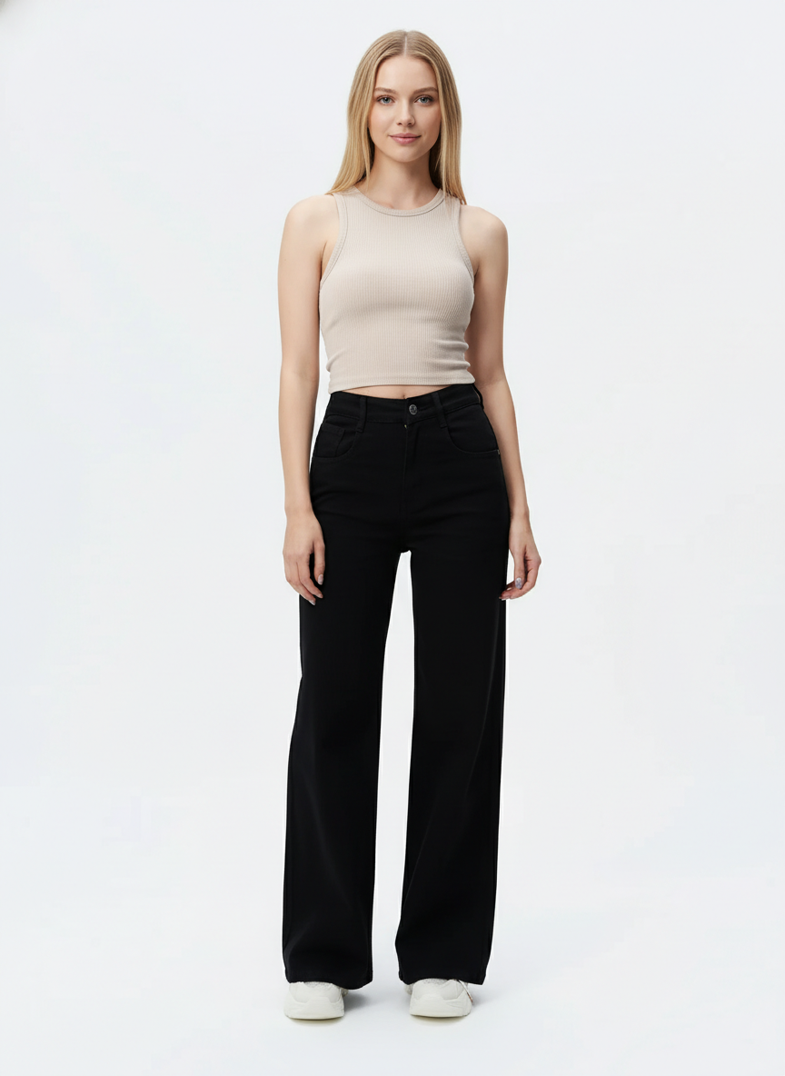 Black Wide Leg High Rise Jeans For Women