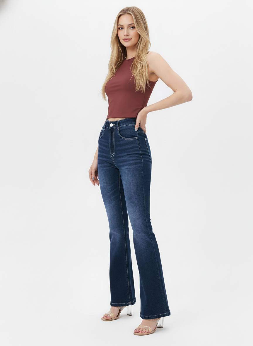 Deep Blue Flare Bootleg High Rise Jeans For Women