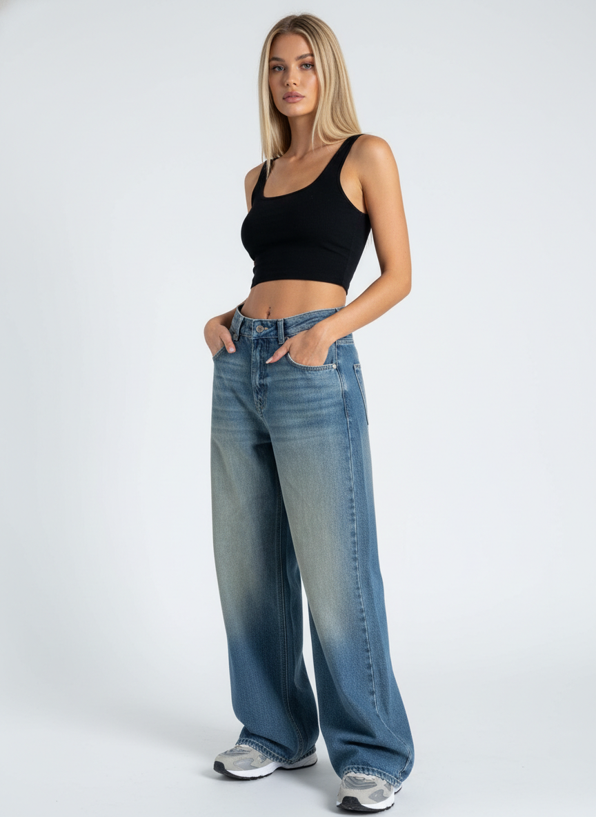 Stale Blue Baggy Wide Leg Jeans For Women