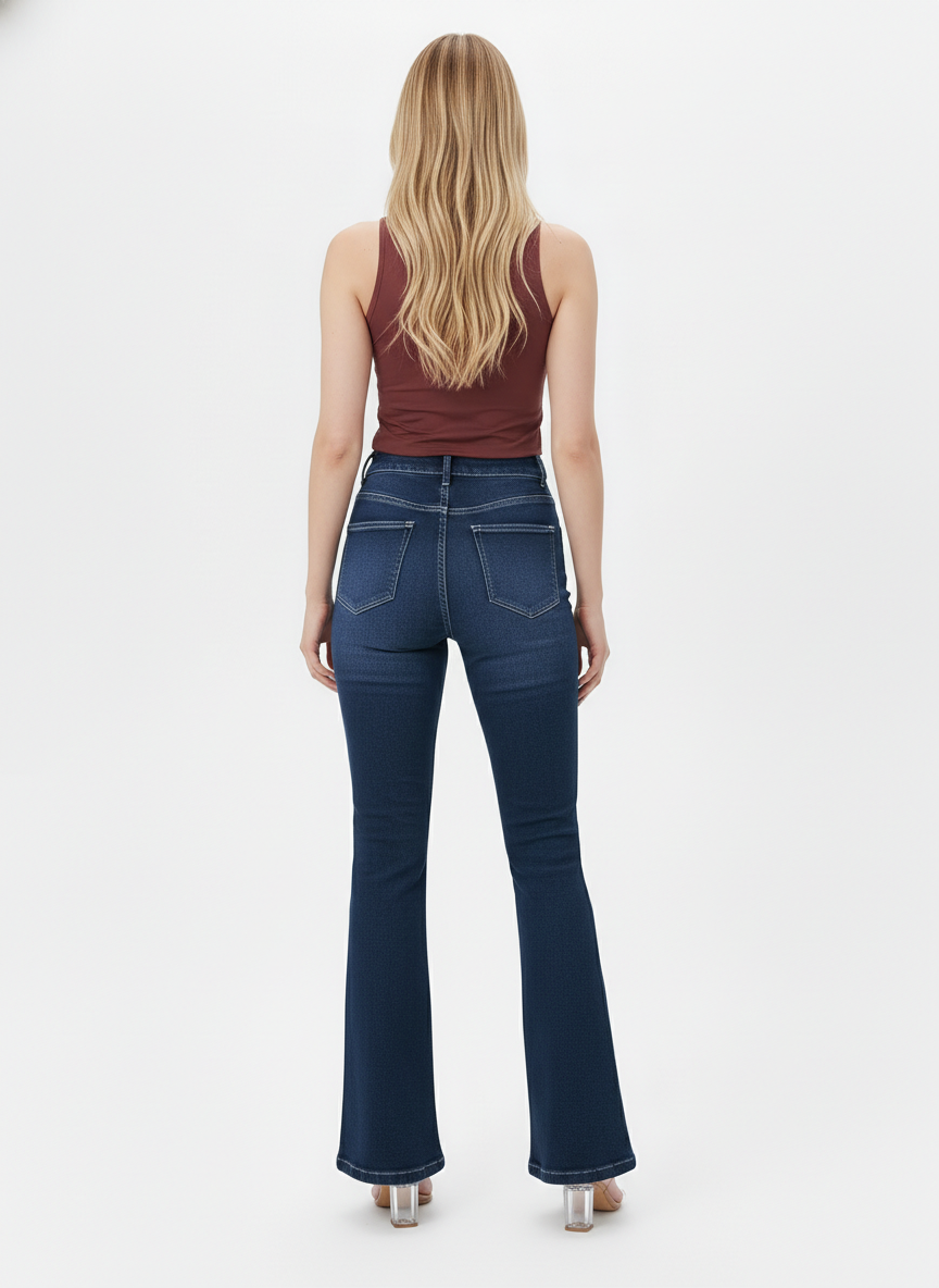 Deep Blue Flare Bootleg High Rise Jeans For Women