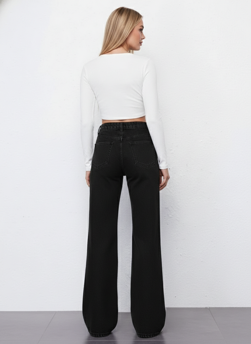 Black Plazzo Fall Wide Leg High Rise Jeans For Women