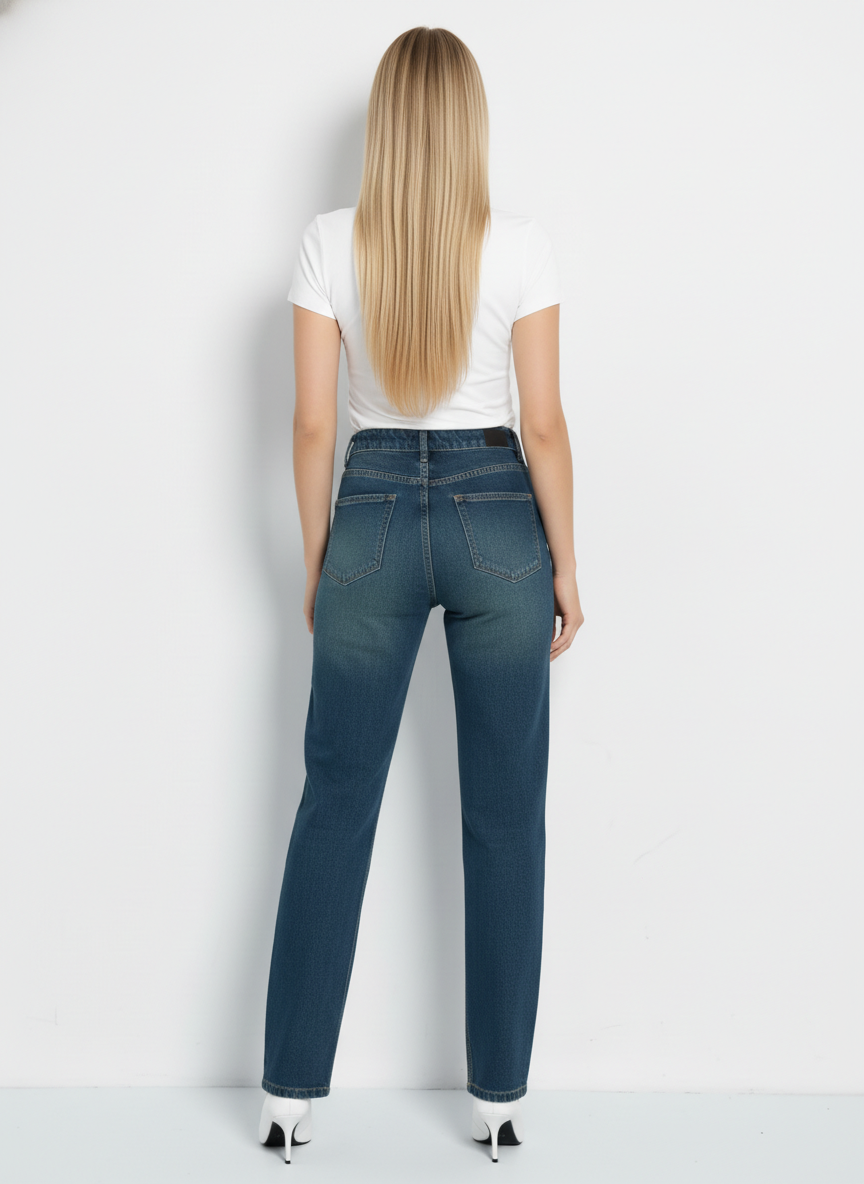 Wash Out Indigo Blue Tailored Straight Leg Jeans For Women