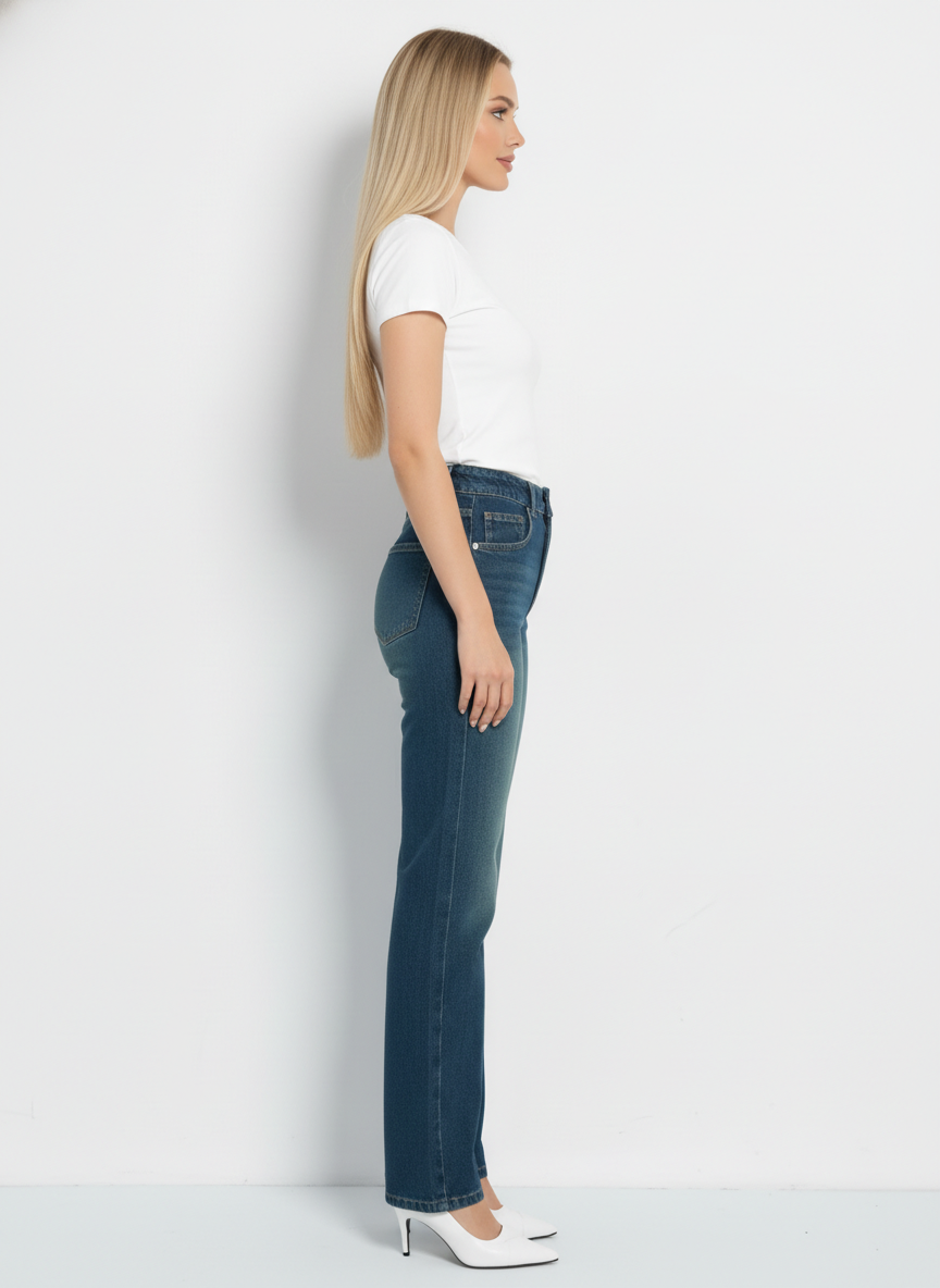Wash Out Indigo Blue Tailored Straight Leg Jeans For Women